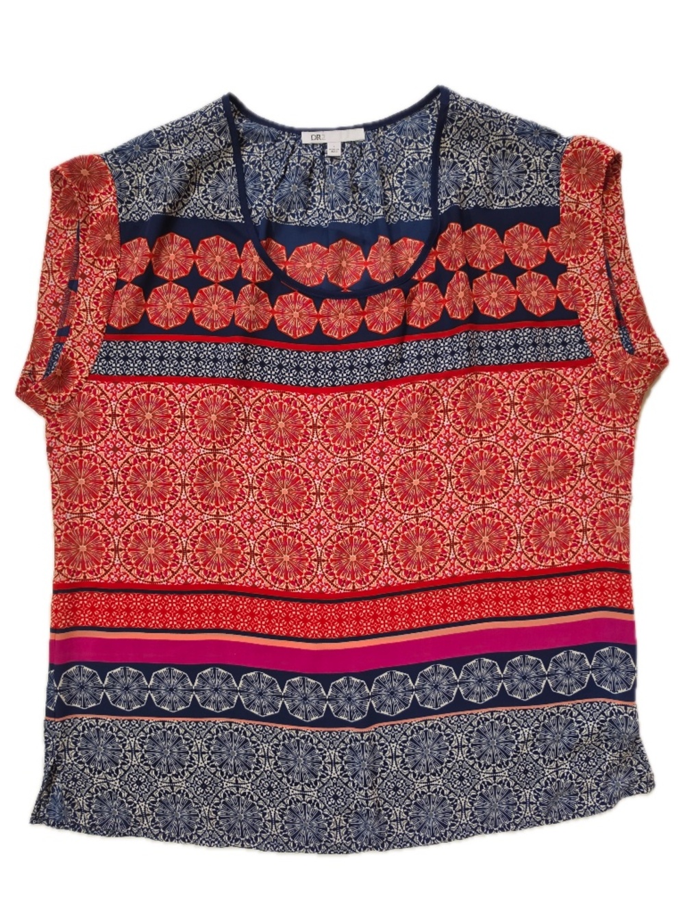 DR2 Blouse Womens L Multicolor Floral Scoop Neck Cap Sleeve Polyester Chiffon